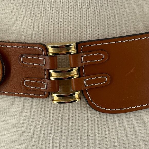 Luggage Tan Waist Belt Bold Gold Tone Buckle Made in Italy Women\'s Size Medium